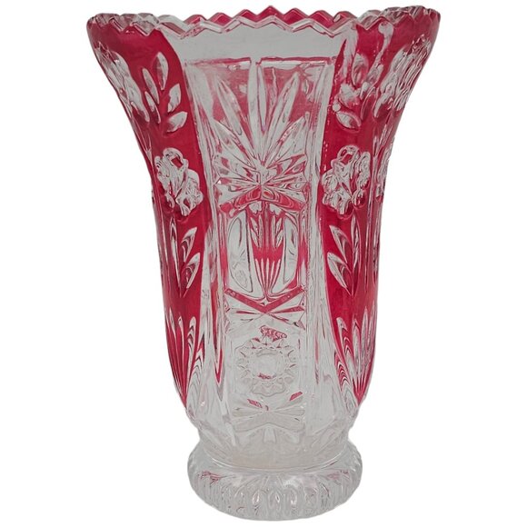 Fifth Avenue Crystal Red Rosaline Ruby Red Floral Vase 6" Scalloped Floral J13 - Picture 3 of 6